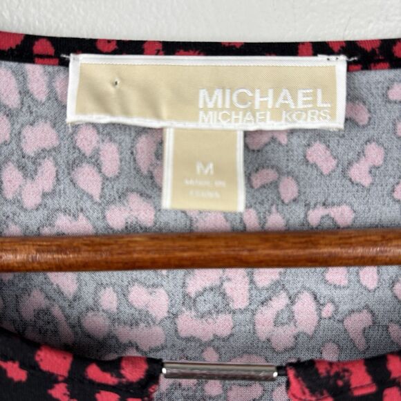 Michael Kors Shirt Womens M Black Red Leopard  Spot Long Sleeve Keyhole Stretch - Picture 4 of 8